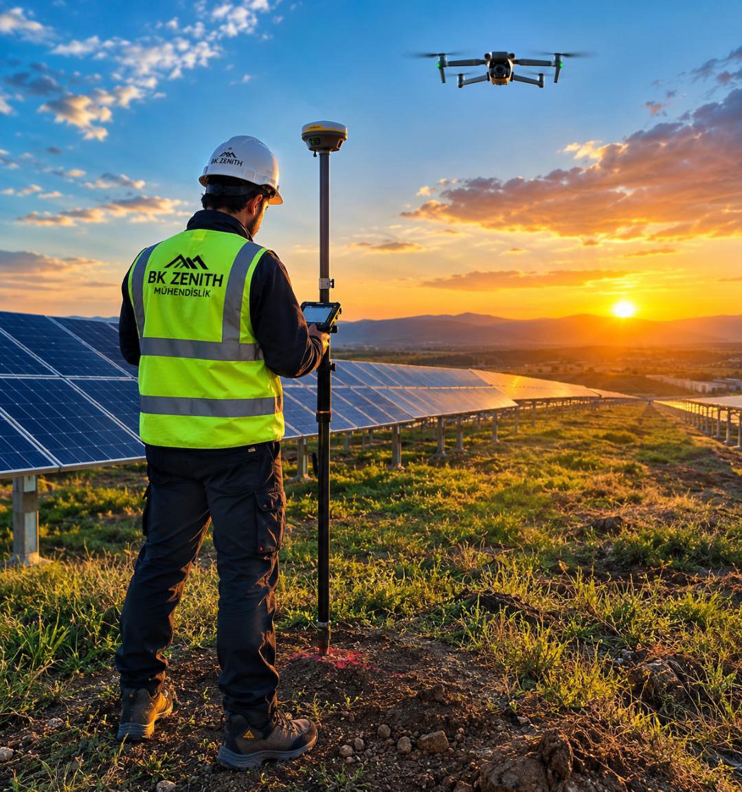 Güneş paneli sahasında GNSS ile ölçüm yapan mühendis ve haritalama dronu